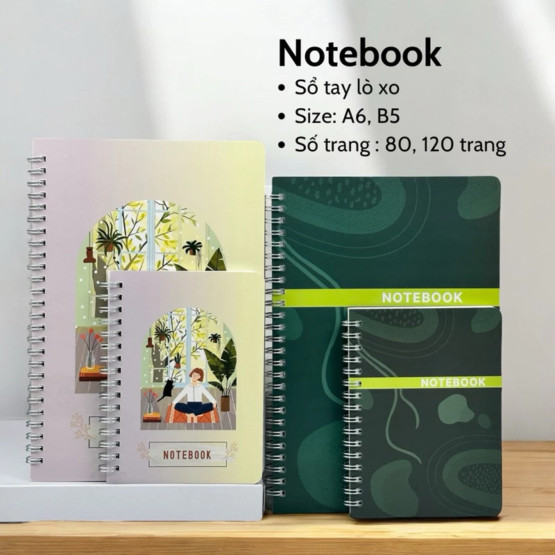 Sổ lò xo HUERARUMO, set 2 quyển B5-A6 80 trang và B5-A6 120 trang, giấy cao cấp định lượng 100gsm, bìa giấy màu.
