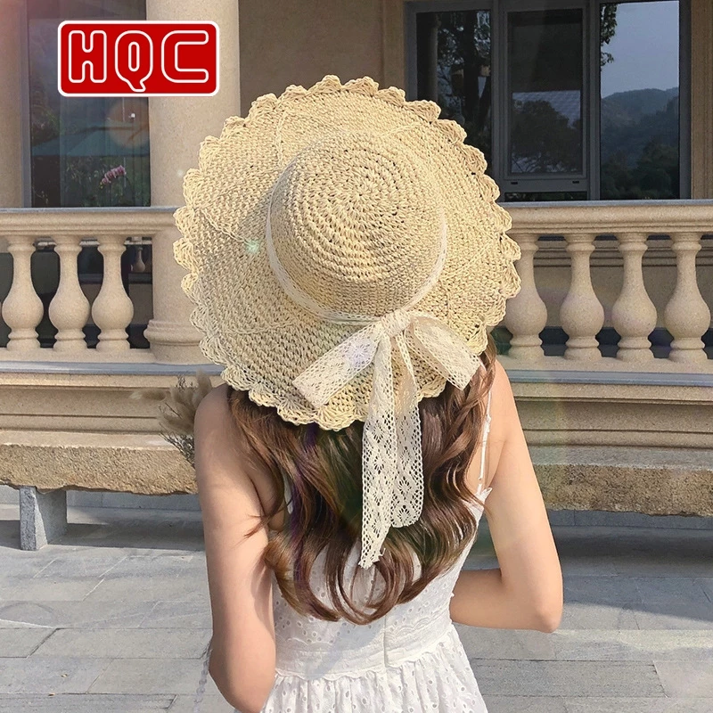 Loại 1 - Cứng cáp - Mũ cói (Nón cói) mềm vintage, Mũ cói mềm nơ ren hàn quốc HQC093