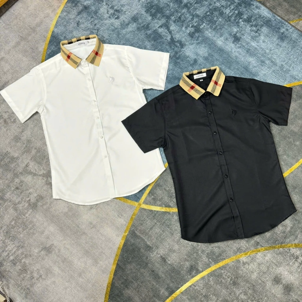 Áo sơ mi Nam Nữ tay ngắn,thêu chữ,phối BBR CỔ,chất vải cotton lụa dày dặn,thoáng mát,Sang Trọng 4 màu MENSWEAR