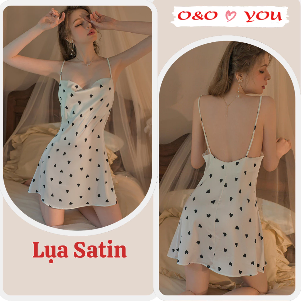 Đầm váy ngủ 2 dây chấm tim đen liền thân chất liệu lụa satin cao cấp A24588 O&O thoáng mát mềm mại