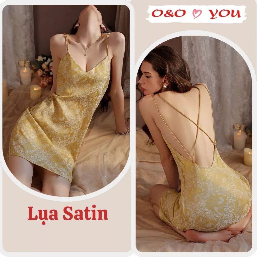 Đầm váy ngủ 2 dây liền thân màu vàng hoạ tiết cánh hoa trắng chất liệu lụa bóng satin A28488