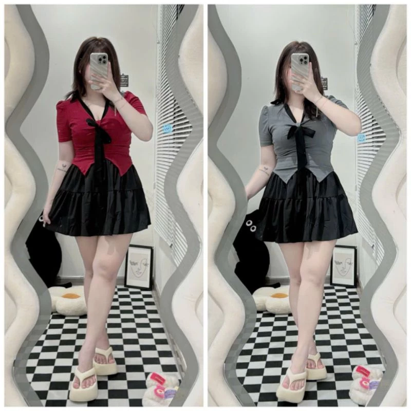 [Bigsize 60_90kg] sét bộ áo thun+ váy cột nơ