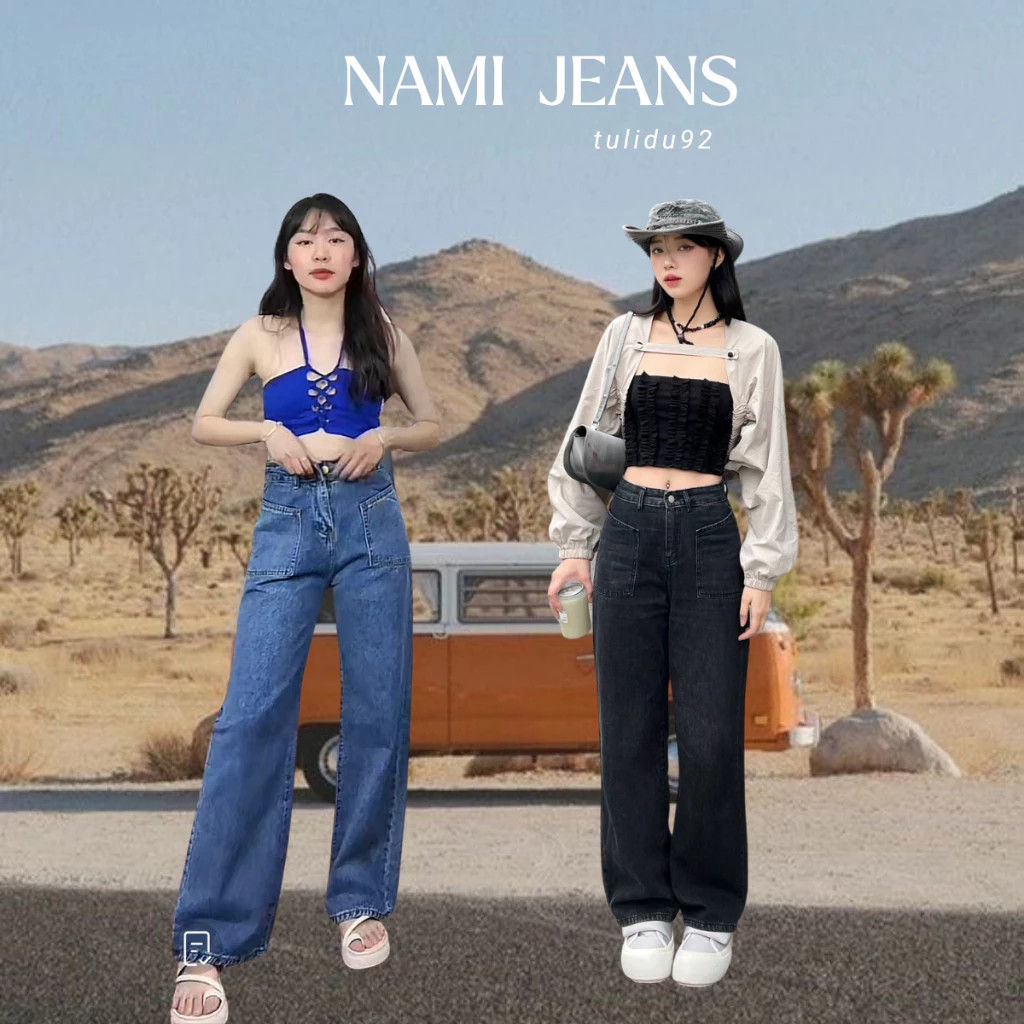 Quần Jean Ống Rộng "Nami Jeans" Tulidu Túi Vuông Chất Mềm Mịn Không Giãn Cổ Điển Thời Trang