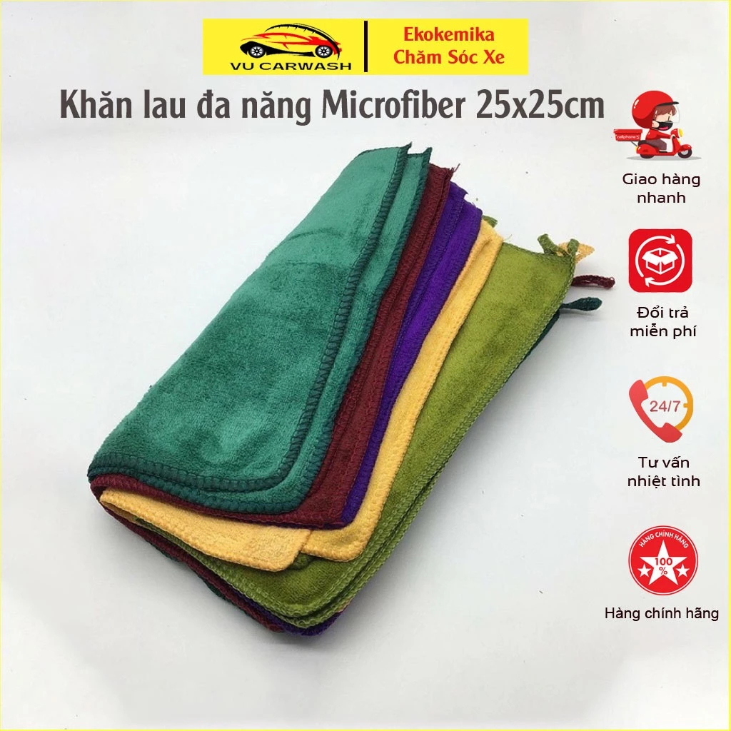 Khăn lau đa năng Vải Microfiber lau đồ dùng, dụng cụ lau xe ô tô, xe máy 25x25cm(màu ngẫu nhiên)