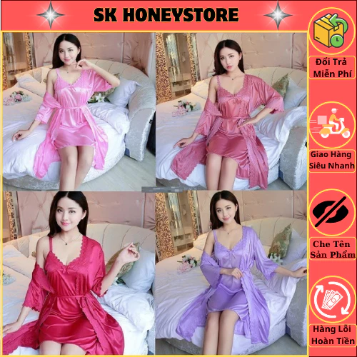 Bộ áo choàng ngủ  kèm váy ngủ 2 dây siêu xinh MS230 ,Bộ Ngủ