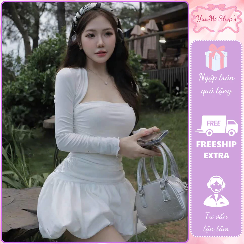Váy nữ,đầm nữ cup ngực ôm body chất thun tăm zip đuôi váy nhúm bí phồng phối áo khoác ngoài dài tay HCOM3023 YuuMi Style