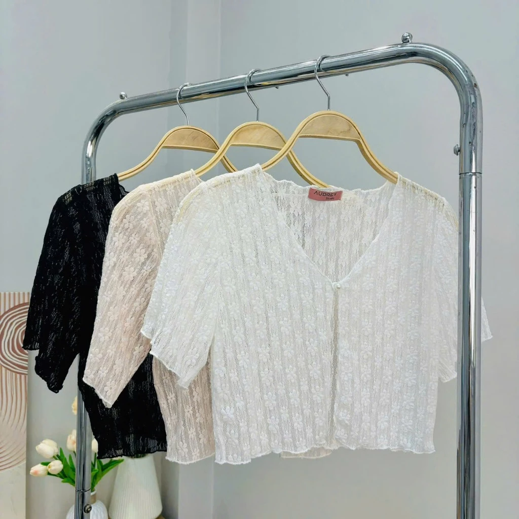 Áo khoác ren mỏng dáng ngắn tay M1 trắng/đen có bigsize-Orimi