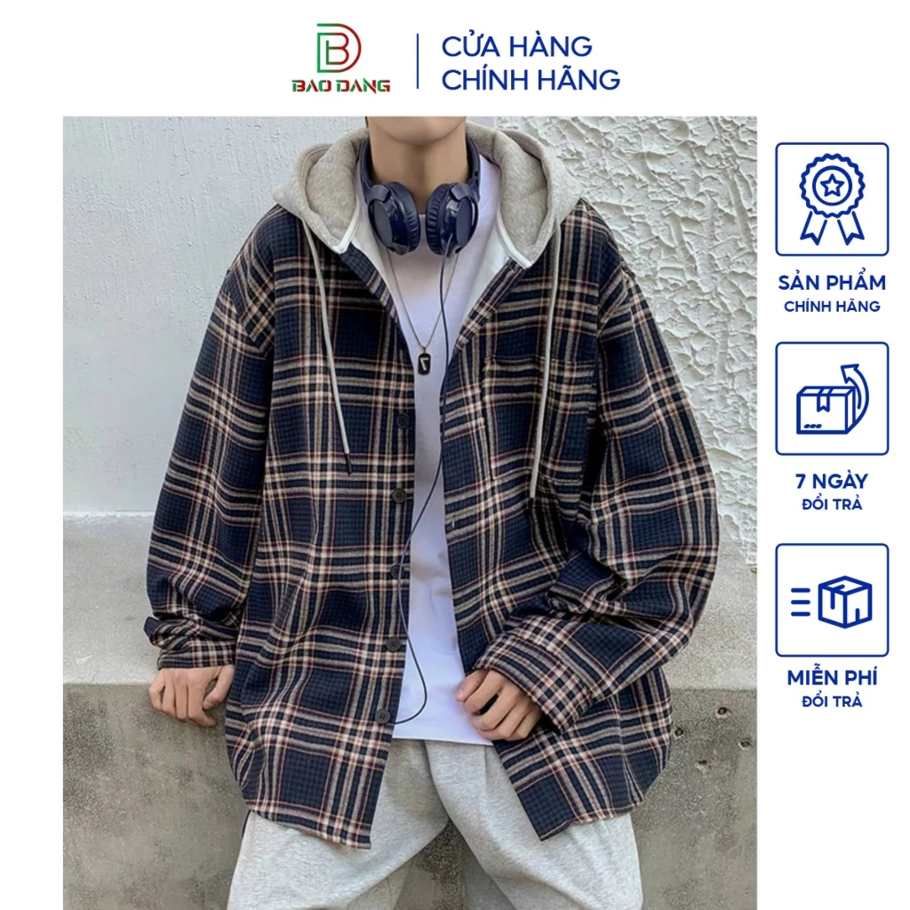 Áo khoác nhẹ kiểu sơ mi nón nỉ from rộng unisex kiểu sọc caro 3 màu Bảo Đăng.
