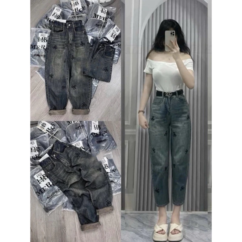 Quần Bò Baggy Jeans Lưng Chun Phối Túi Thêu Nơ 2 Màu, Quần Bò Jeans Denim Nữ Cạp Cao Dáng Baggy Phong Cách Ulzzang