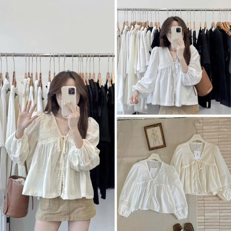 [Hàng QC - Sẵn] Áo sơ mi cổ V dài tay phối ren thắt nơ ngực cách điệu Bunny Top A1588