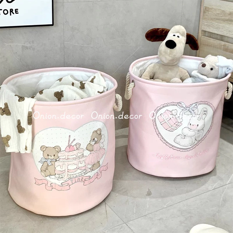 Giỏ vải quai xách đựng quần áo gấu bông màu hồng