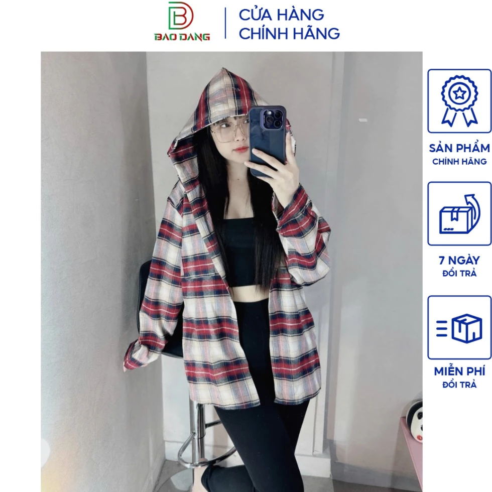 Áo khoác sơ mi có nón vải caro nỉ thân 1 áo lớp nón 2 lớp mỏng nhẹ from dài sọc caro che nắng cách nhiệt tốt Bảo Đăng.