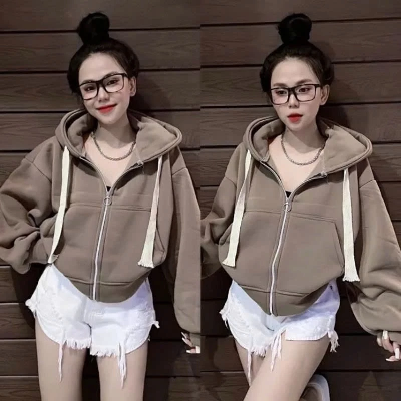 Aó Khoác Croptop  Nữ MŨ 2 lớp Chất Nỉ  có dây rút  tay bồng