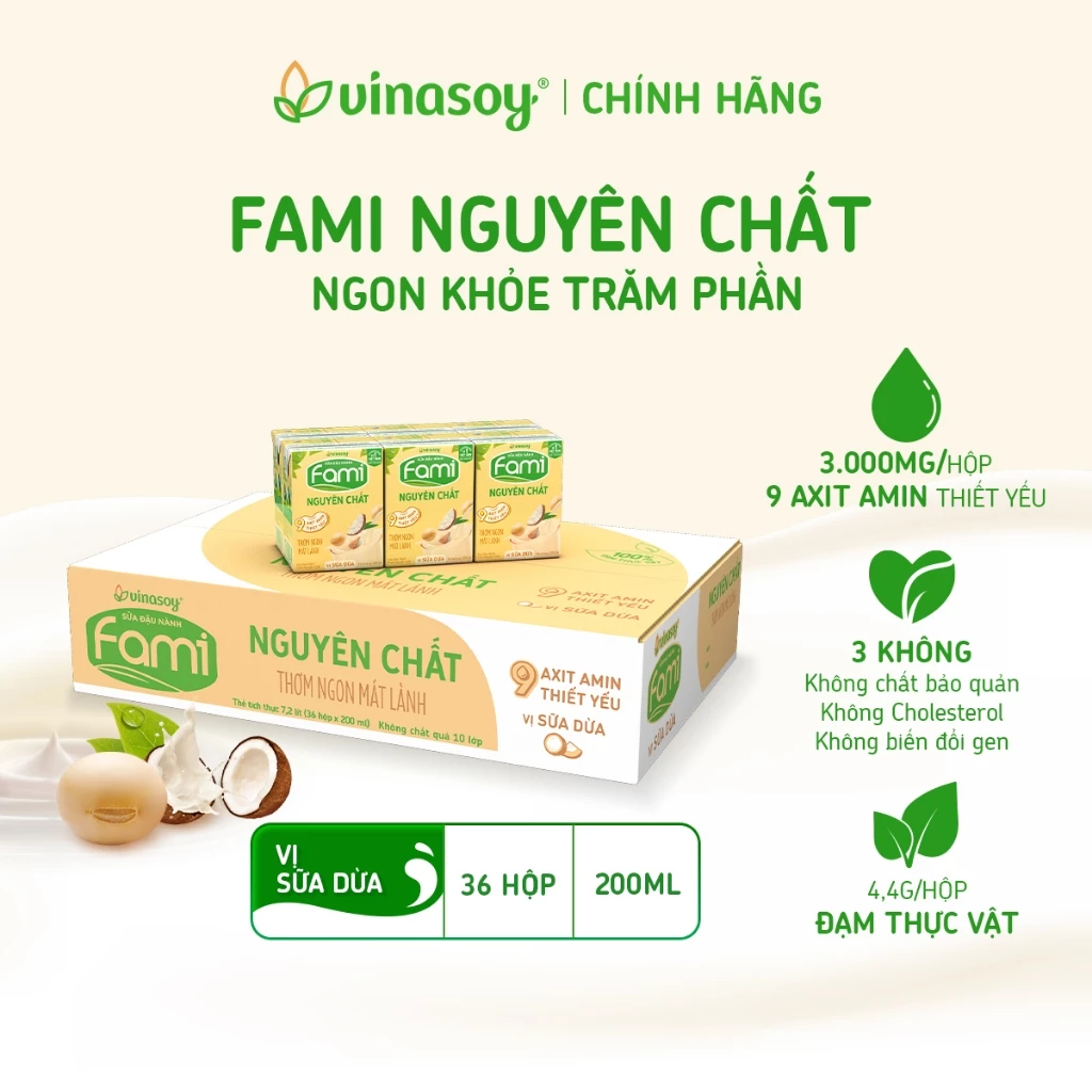 Thùng sữa đậu nành Fami Nguyên Chất vị Sữa dừa (36 hộp x 200ml)