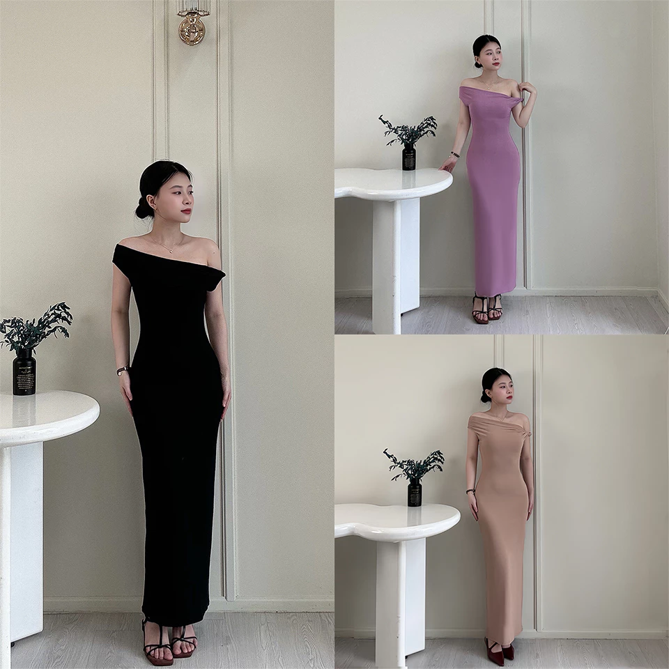 Đầm Body Lệch Vai Form Dài, Vải Cotton Co Giãn Ôm Body,Đầm Nữ Dự Tiệc Tôn Dáng Gợi Cảm - LYC