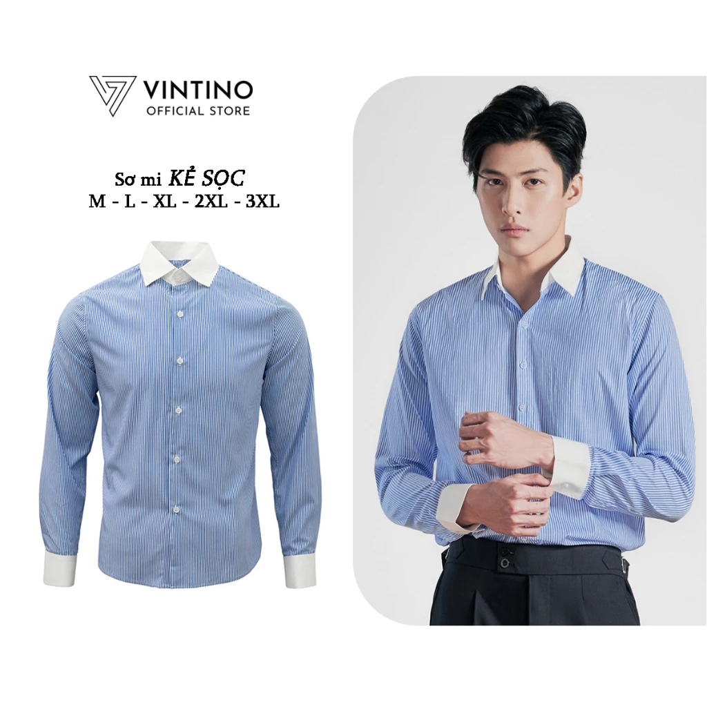 Áo sơ mi nam kẻ sọc xanh trắng hàn quốc công sở phối cổ trắng vải lụa co giãn chống nhăn gấp hộp SMKS VINTINO