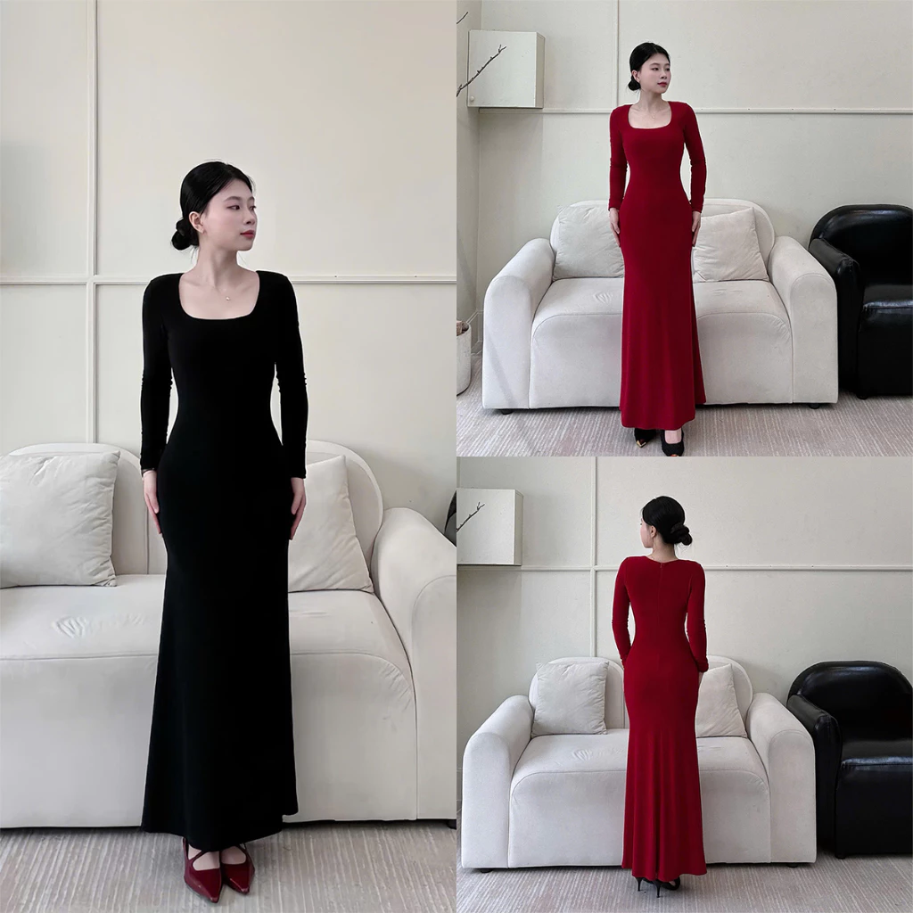 Đầm Body Cổ Vuông Tay Dài Đuôi Cá, Form Dài Vải Ladong Mát, Ôm Body, Tôn Dáng Gợi Cảm - LYC