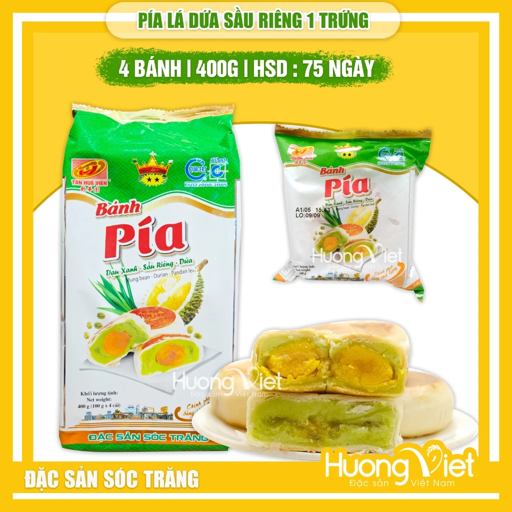 Bánh pía lá dứa sầu riêng trứng muối 400g, bánh pía Tân Huê Viên vị dứa thơm ngon [TÚI 4 BÁNH]