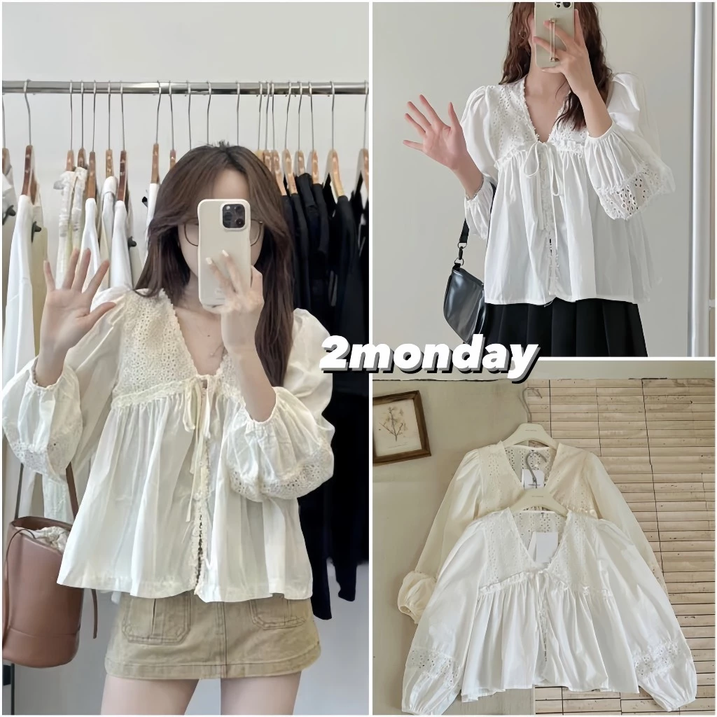 [hàng QC-L1] ÁO SƠ MI BABYDOLL THÊU REN HOA CỔ V THẮT NƠ DÀI TAY BỒNG SIÊU XINH A20