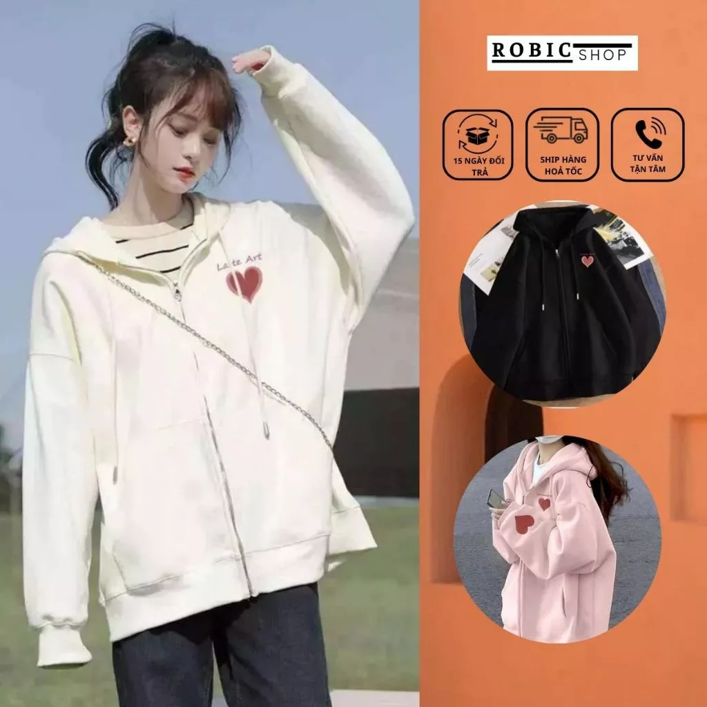 Áo Hoodie Zip Nữ , Áo Khoác Nỉ Có Mũ In Trái Tim Đỏ Chất Liệu Cao Cấp dày dặn Siêu Xinh HOT TREND 2024-ROBIG
