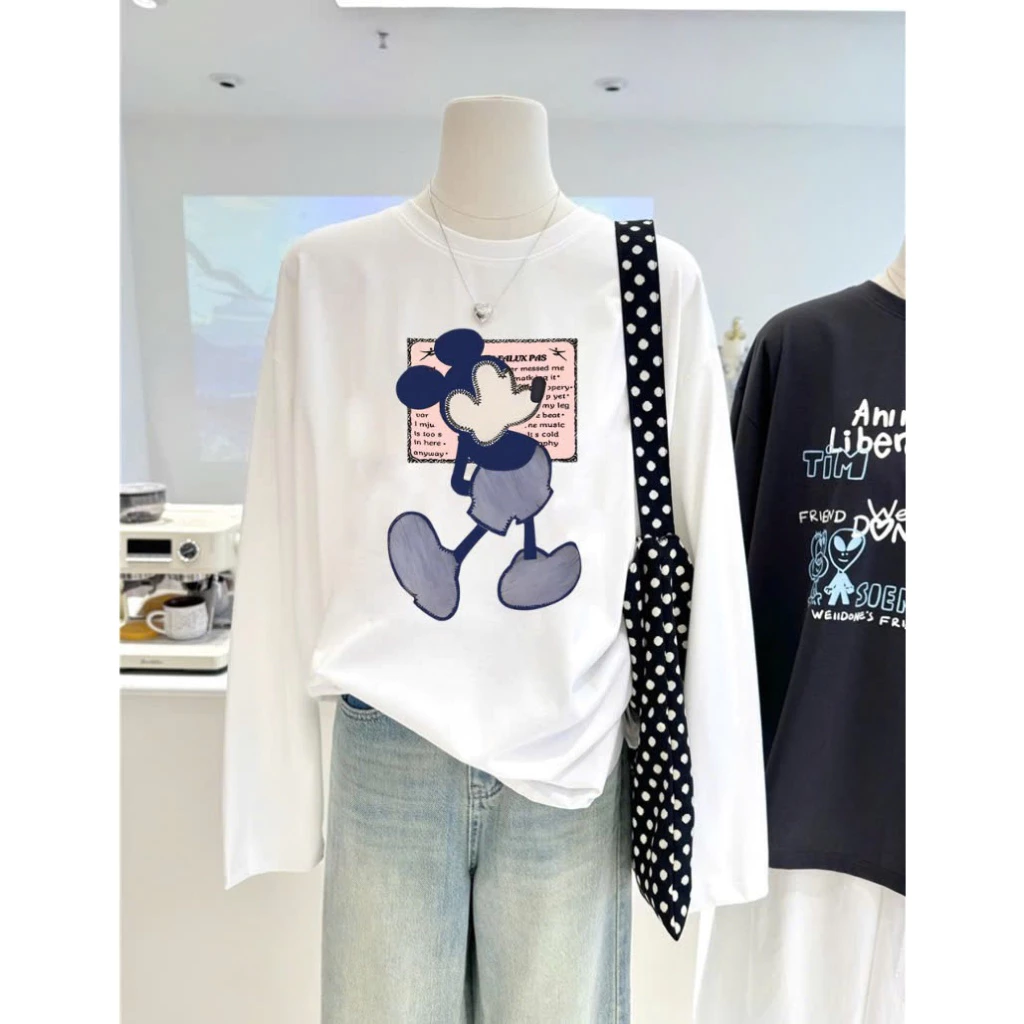 Áo thun nữ tay dài form rộng thun giấy in hình Menina_Studio, áo phông dài tay nữ cotton xược in hình siêu xinh