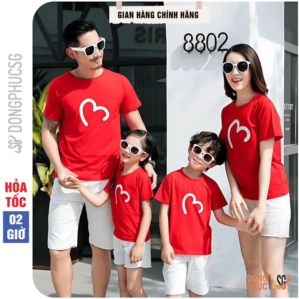 Áo gia đình màu đỏ đồ gia đình 3/4/5 người mẫu trái tim thun cotton đủ size cho bé trai gái GD401D
