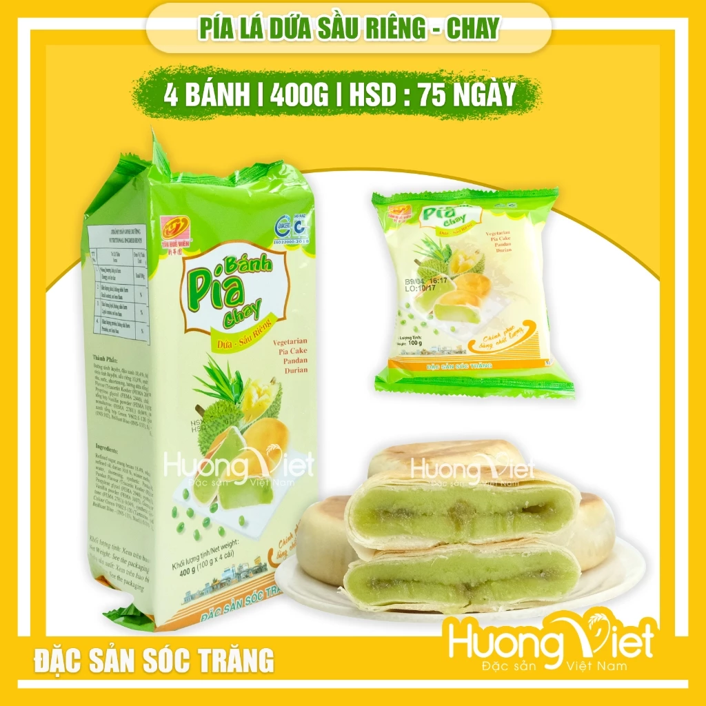 Bánh pía CHAY DỨA sầu riêng Tân Huê Viên 400g, bánh pía không trứng Tân Huê Viên Sóc Trăng  [TÚI 4 BÁNH]