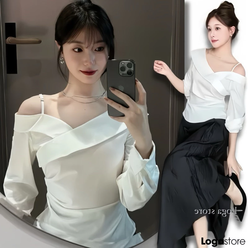 Áo sơ mi nữ lệch vai tay dài, áo nữ lệch vai nhún eo Logastore_129