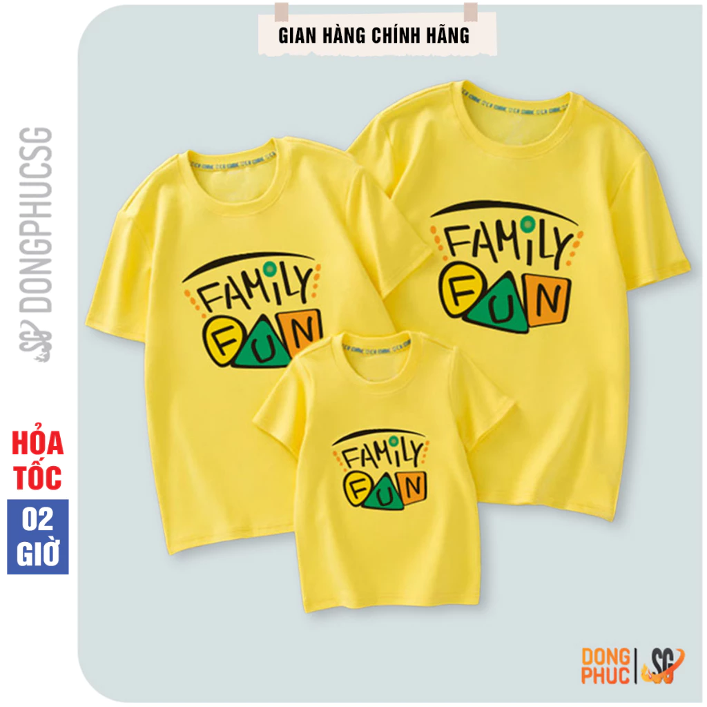 Áo gia đình 3/4/5 người màu vàng mẫu Family Fun thun cotton 4 chiều có size cho bé trai gái GD297VD