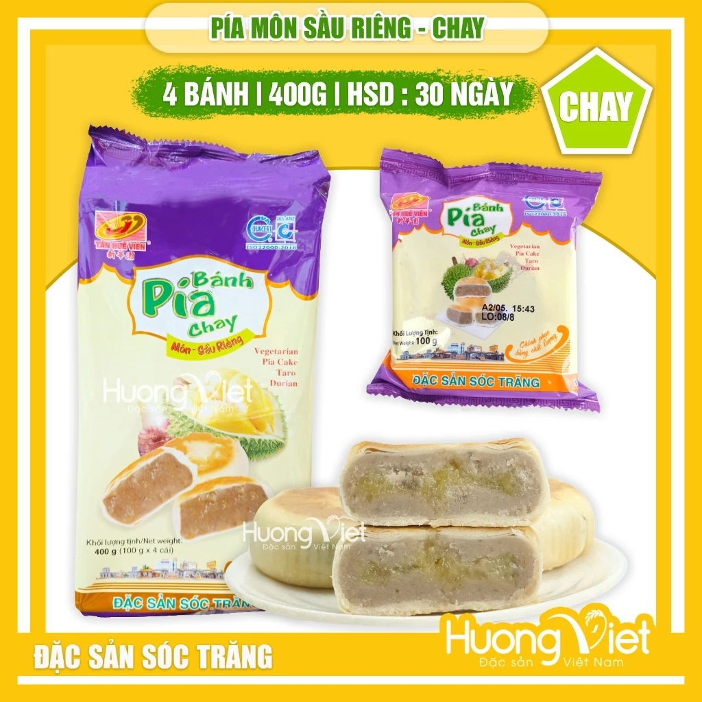 Bánh pía CHAY MÔN sầu riêng Tân Huê Viên 400g, bánh pía không trứng Tân Huê Viên Sóc Trăng [TÚI 4 BÁNH]