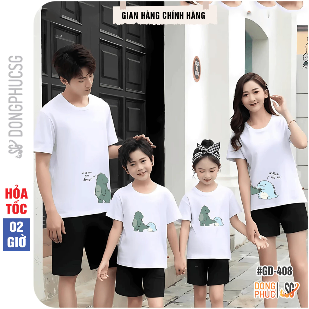 Áo gia đình khủng long đồ đôi mẹ và bé mẫu 3/4/5 người thun mềm mịn màu trắng GD408T DONGPHUCSG