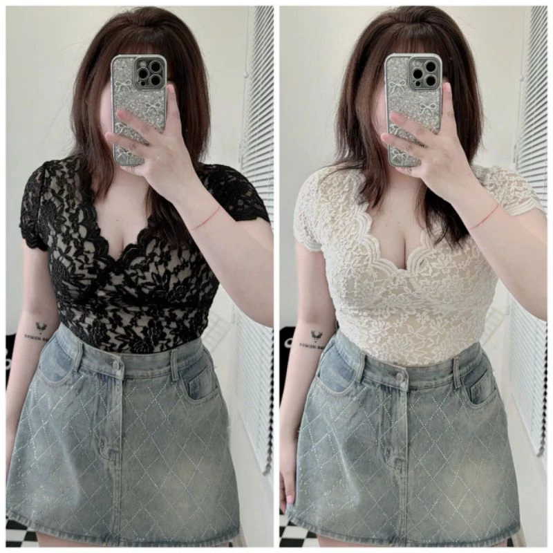 [Bigsize 60_90kg] Áo ren cổ v mềm mại(tay ngắn)