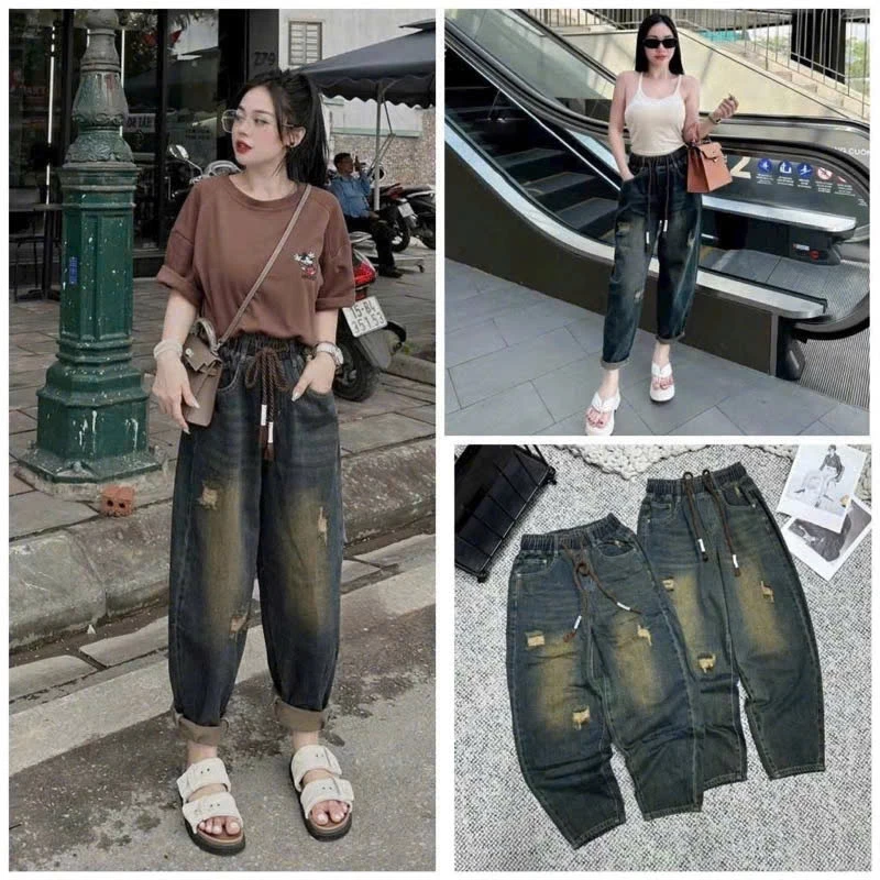 Quần Bò Nữ Jean Baggy Xước Cá Tính Dáng Bom Chất Đẹp , Quần Jean Bò Dáng Baggy Xước Gối Cá Tính - Quần Áo Huyền Anh M218