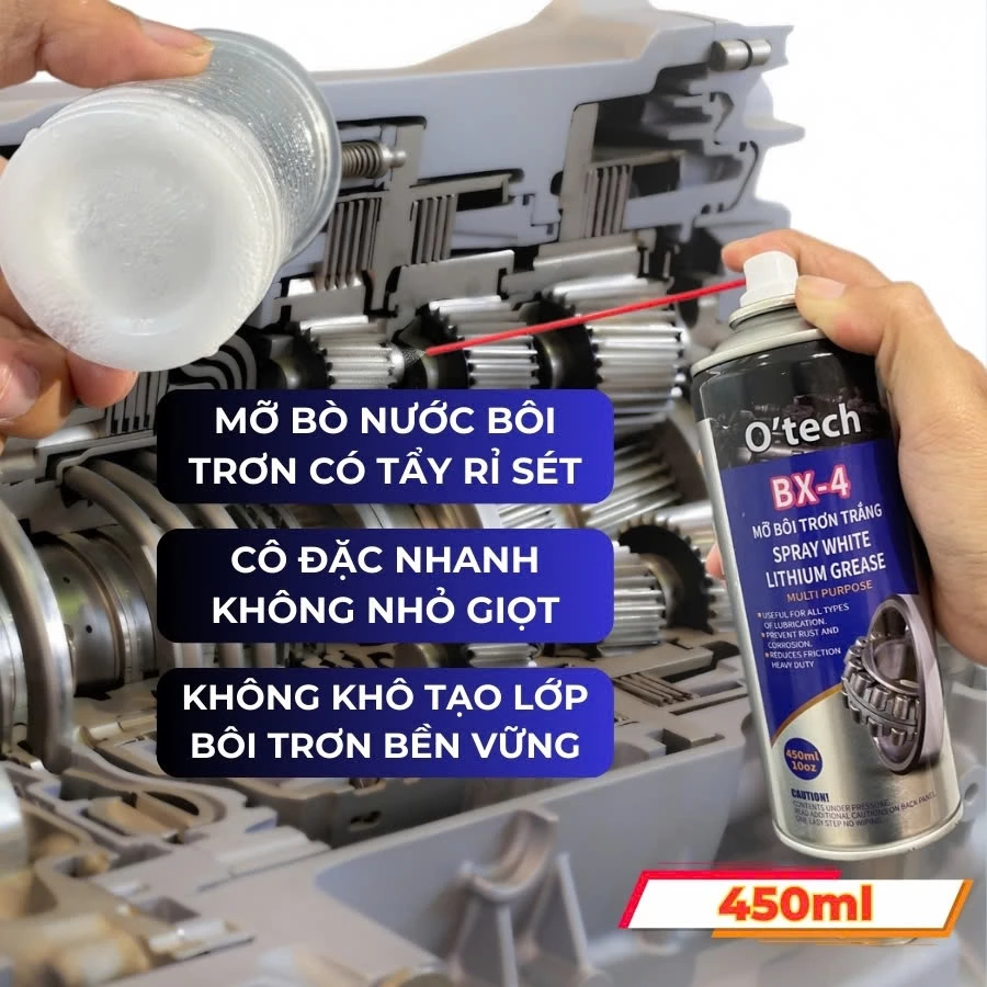 Mỡ bò chịu nhiệt bôi trơn tẩy rỉ sét O'TECH BX-4 Lithium White Grease - Mỡ bôi trơn trắng dạng xịt đang được đối chiếu cho người mua tại Việt Nam