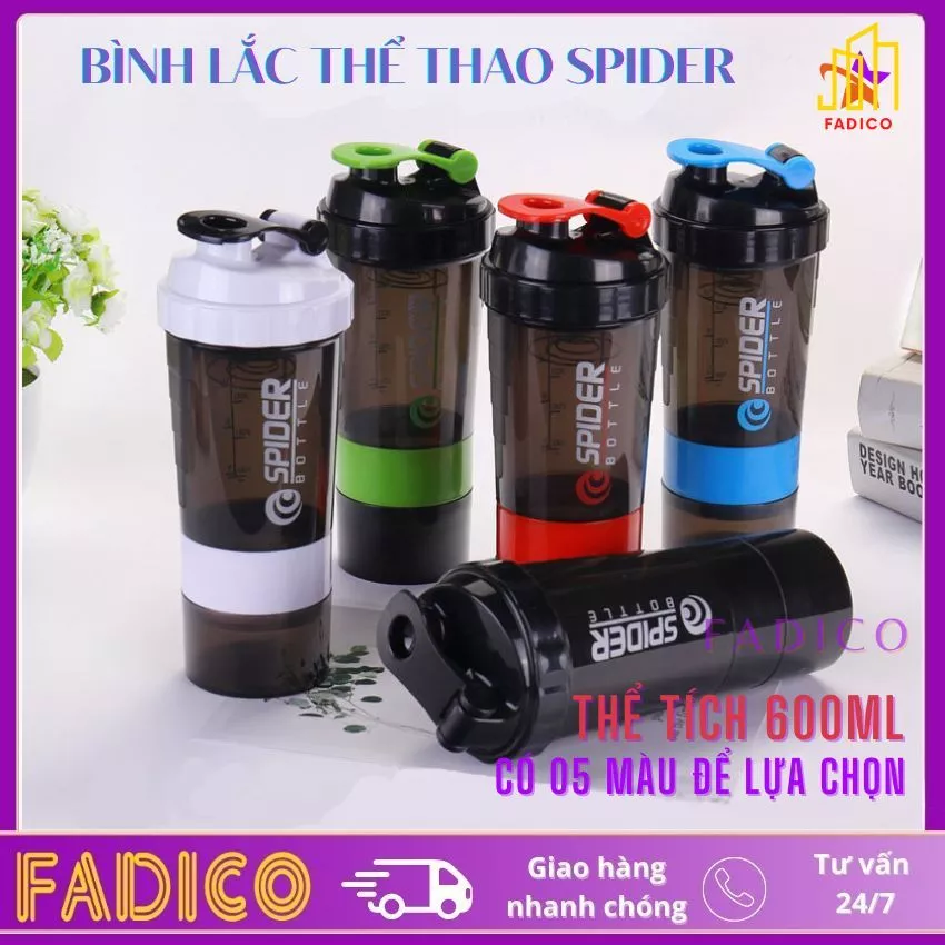 Bình Nước Tập Gym,Bình nước thể thao Whey Spider 3 Ngăn Tiện Dụng 600 ML-fadico
