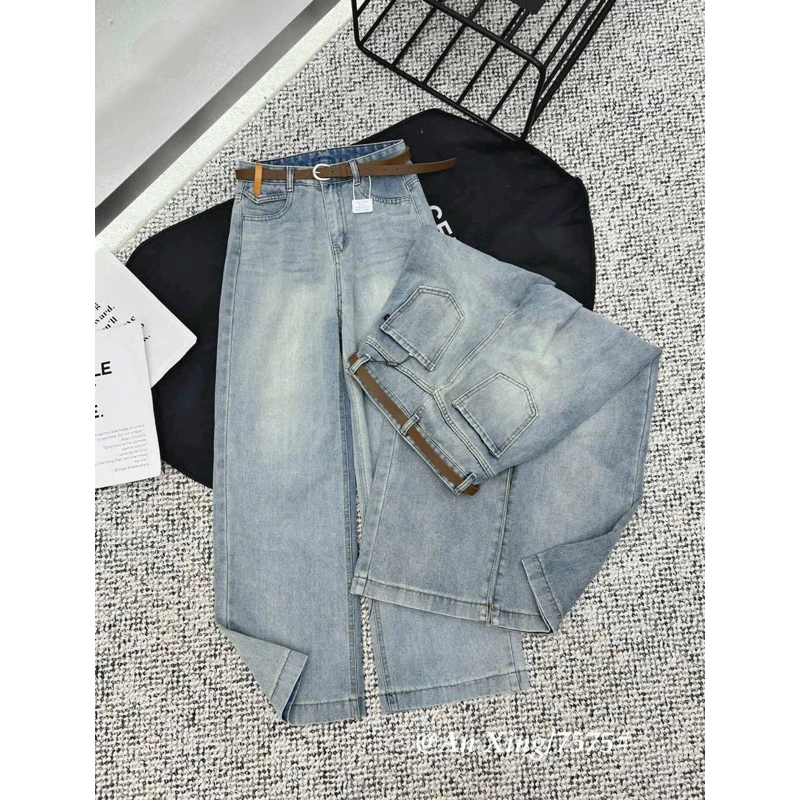 Quần jean suông trơn gấu to cạp cao- Quần jean ông rộng basic dễ phối đồ