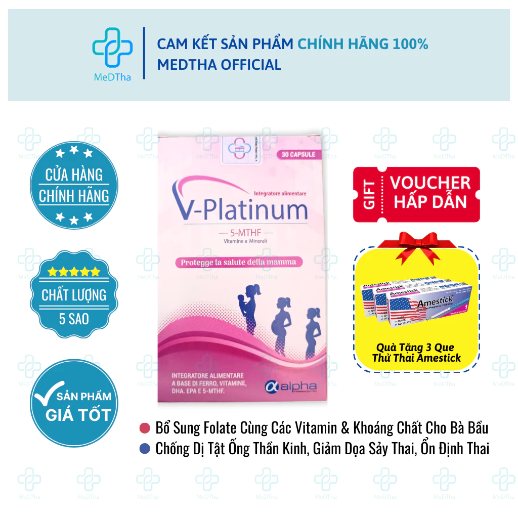 V-Platinum 5-MTHF - Bổ Sung Acid Folic / Folate, Sắt, Vitamin Tổng Hợp, Hỗ Trợ Sinh Sản (30 Viên)