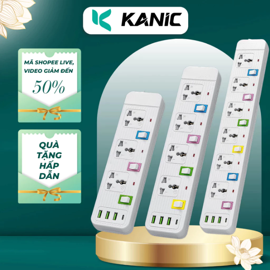 Ổ Cắm Điện Có Chốt Bấm Chống Giật An Toàn KANIC, Ổ Điện USB Đa Năng Chịu Tải 2500W Dài 4m Cổng USB Có Khóa Bảo Vệ
