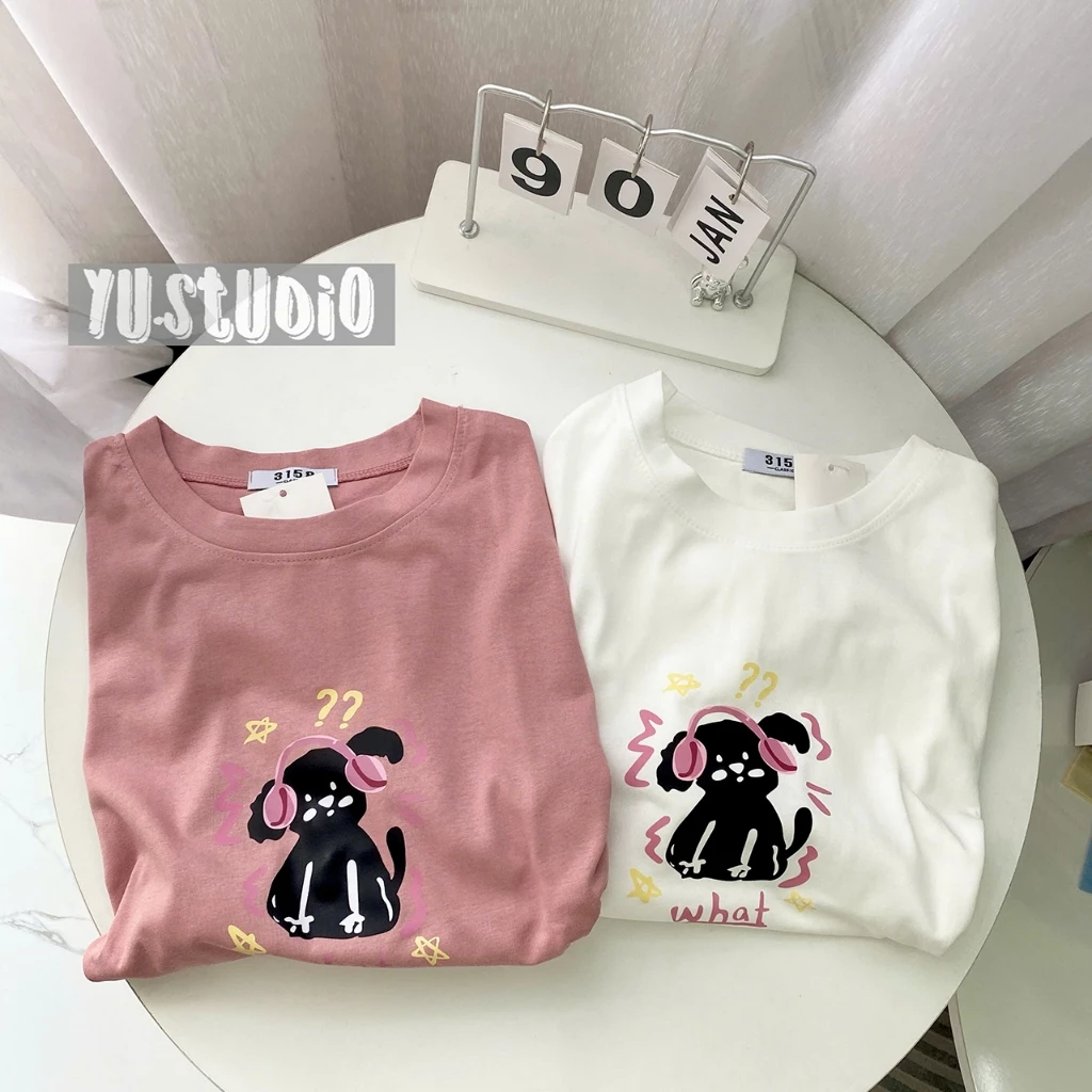 Áo thun 3158 YUSTUDIO chất cotton khô form rộng tay lỡ mẫu Mèo Tai Phone Hồng