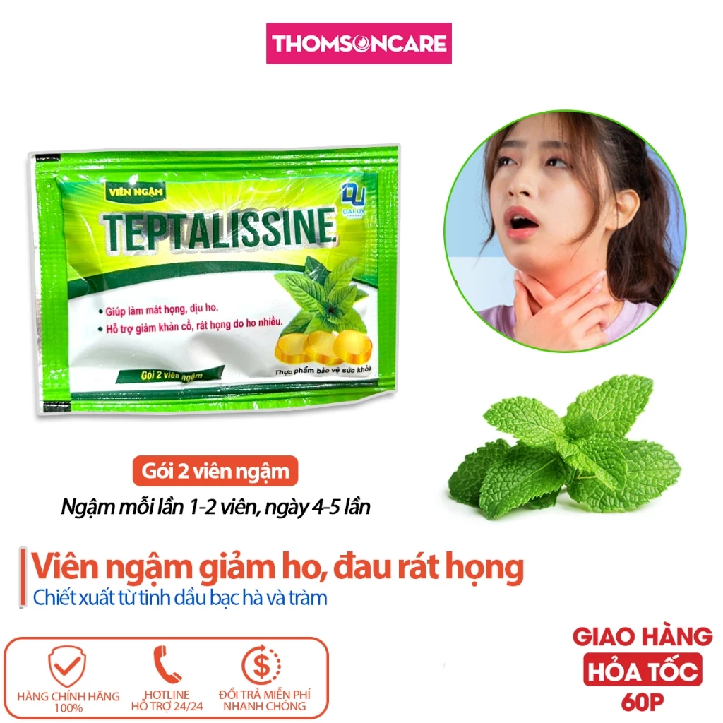 Viên ngậm giảm ho, mát họng, long đờm TEPTALISSINE (gói 2 viên ngậm) - Kẹo ngậm ho từ tinh dầu bạc hà - Thomsoncare
