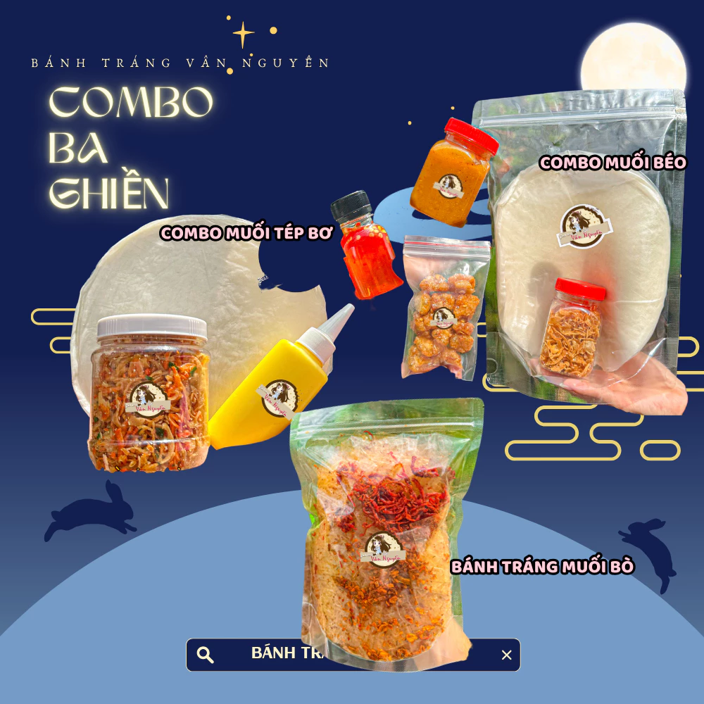 Combo BA GHIỀN BÁNH TRÁNG VÂN NGUYỄN. Bánh tráng muối béo , muối bò, bánh tráng bơ Gia Vị Ăn Vặt