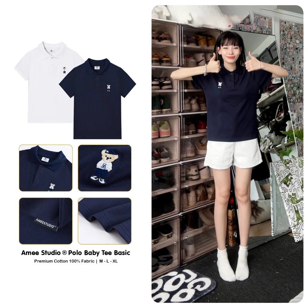 Áo Polo Baby Tee Nữ Thêu Gấu Đáng Yêu AMEE, Form Ôm Basic Cotton Co Giãn Mặc Đi Học Đi Chơi PCF