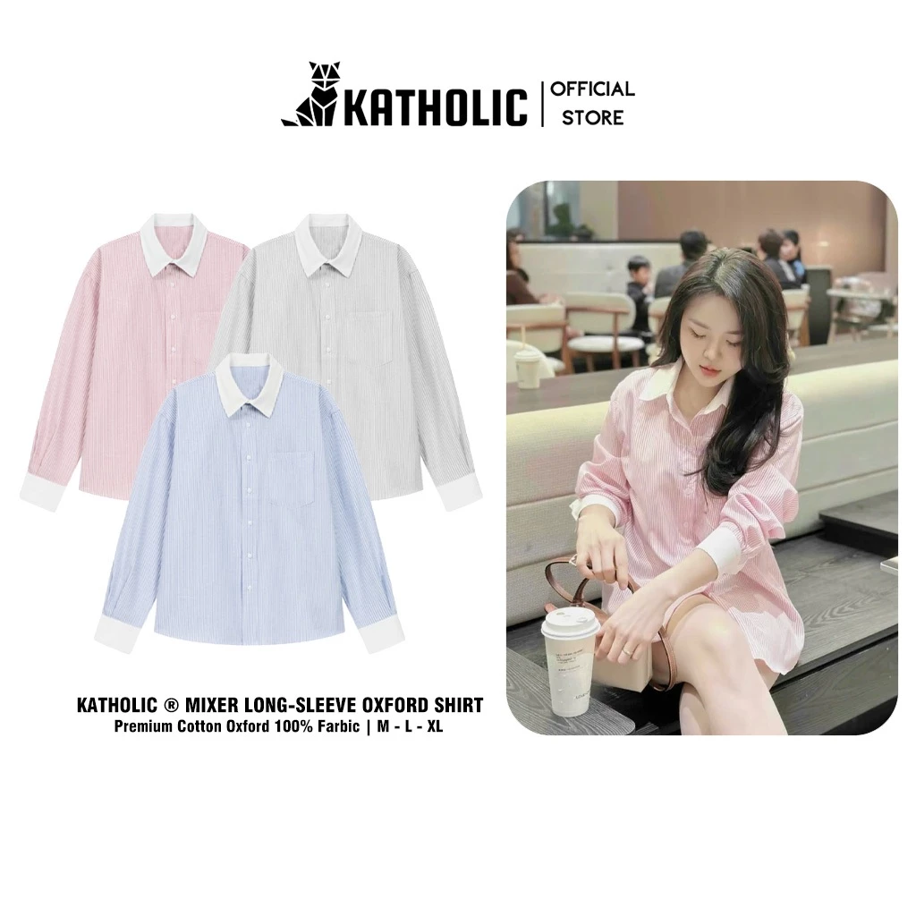 Áo Sơ Mi Kẻ Sọc Tay Dài Nam Nữ Mixer Local Brand KATHOLIC Chất Liệu Oxford Form Rộng 3 Màu Trắng, Hồng, Xanh KAT021