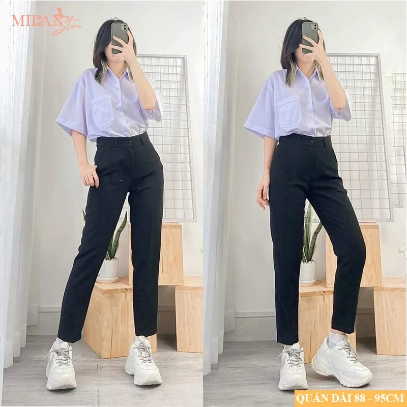(Dài 88-95-103cm)Quần tây baggy đi học nữ cạp có đai lưng cao M668 dáng dài - Quần vải công sở Vitex dày đi học làm