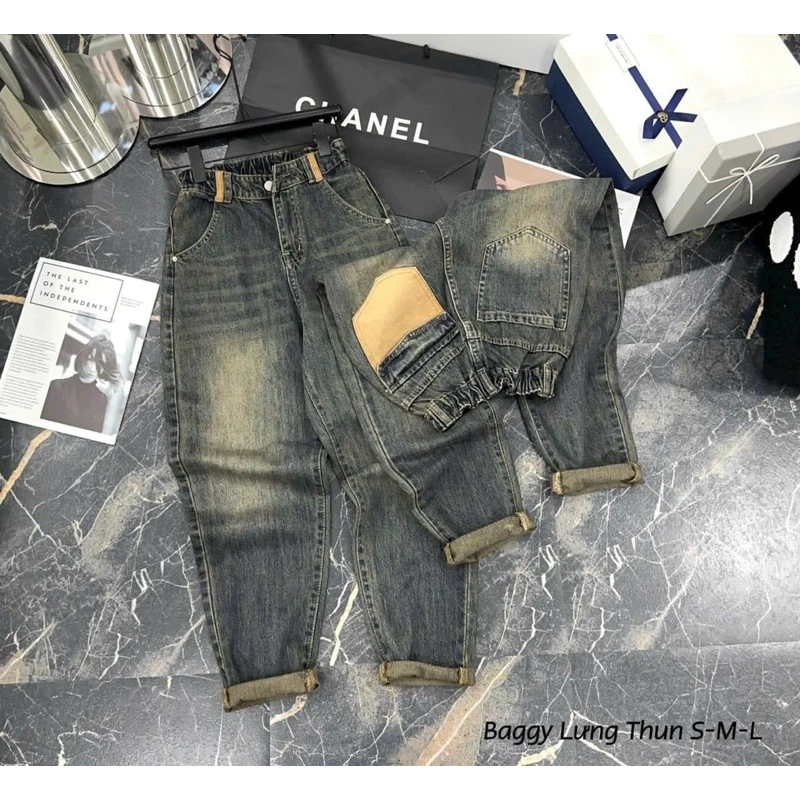 Quần jeans  nữ lưng cao, quần bò nữ dáng baggy phối túi nâu hottrend