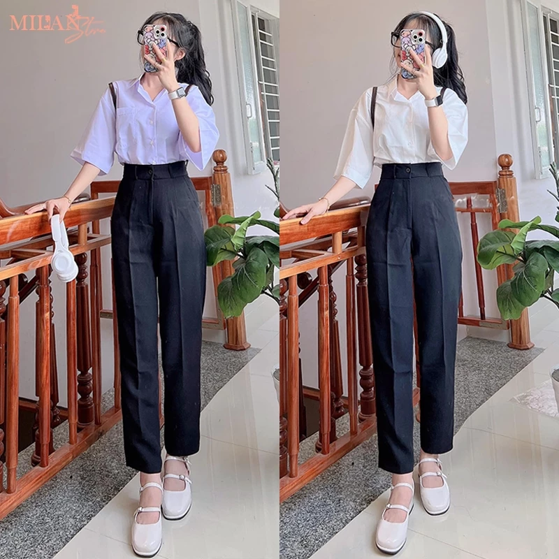 (DÀI 88-95-103CM)Quần tây nữ đi học lưng cao cạp M668 ống đứng suông dài - Quần baggy vải học sinh cấp 3 đi học thực tập
