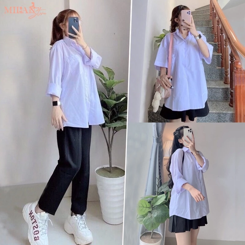 Áo sơ mi nữ tay dài học sinh đi học M112 form rộng dài basic dáng áo sơ mi trắng nữ cổ V bẻ trụ có không túi vải cotton