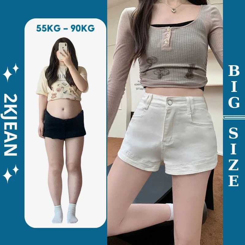 Quần Short Jean Nữ Form Chữ A Bigsize 55–85kg Lưng Cao Trơn Che Đùi (Trắng/Đen) MS1088 – 2KJeans