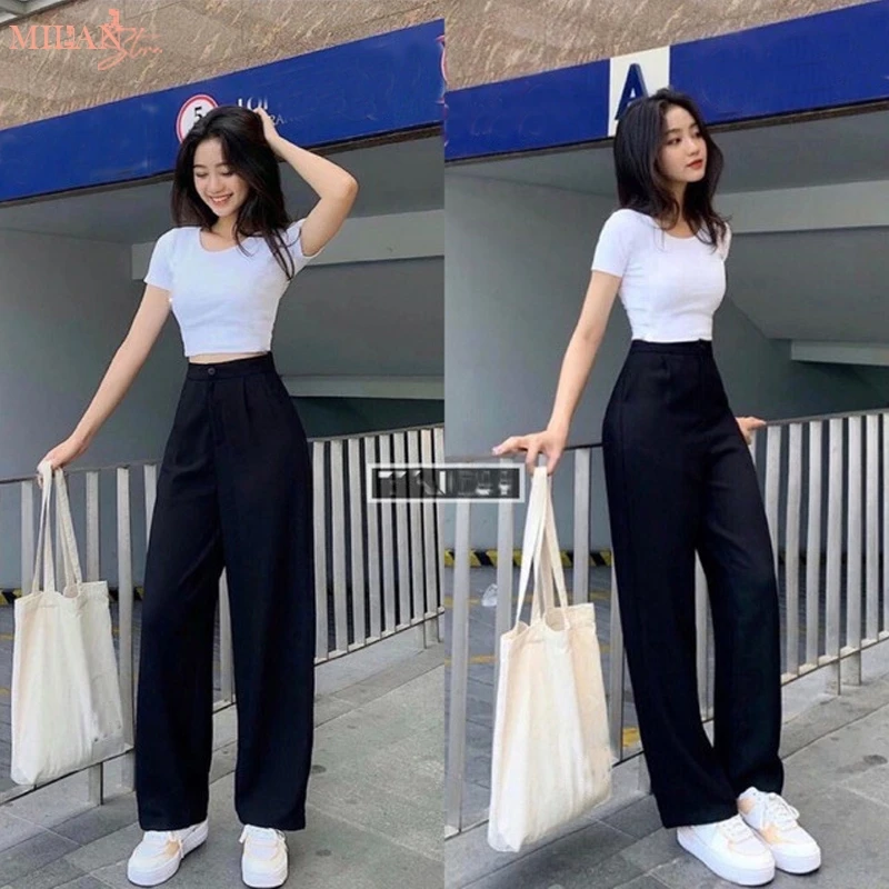 (DÀI 88-95-100CM)Quần ống rộng suông nữ lưng cao đi học M604 khóa trước vải mềm dáng dài công sở học sinh tôn dáng