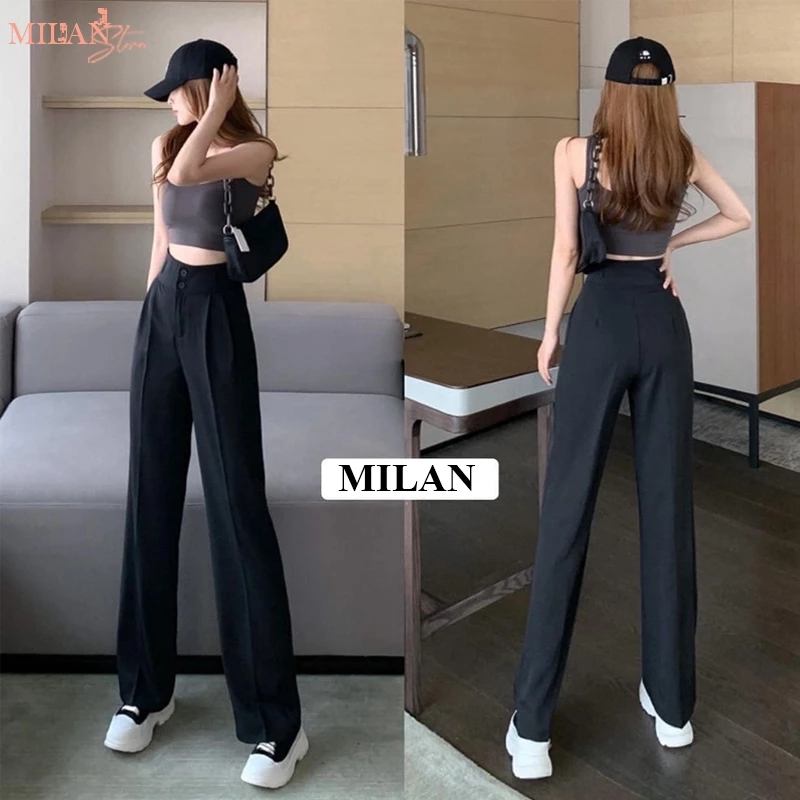 Quần ống rộng cạp cao 2 khuy M674 nữ đi học làm công sở vải tuyết mưa dáng quần ống suông nữ eo lưng cao học sinh